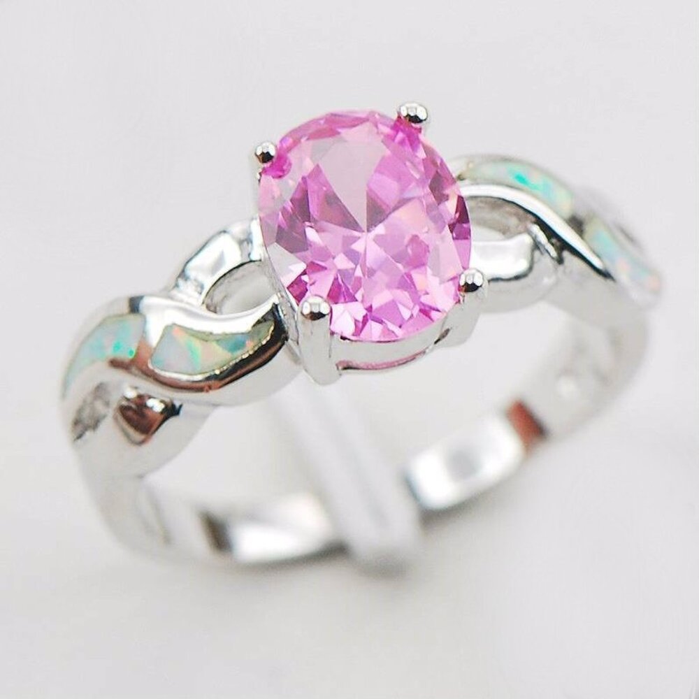 New - Pink Topaz and White Fire Opal Silver Ring - Size 7